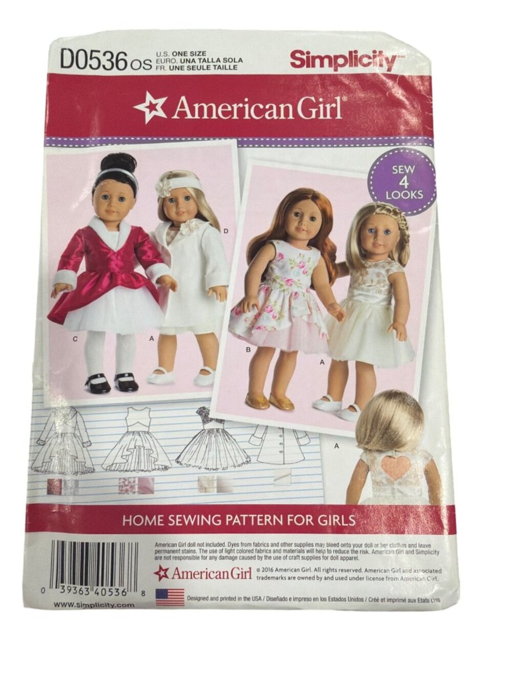 Simplicity American Girl Sewing Pattern D0536 For 18" Dolls 4 Looks